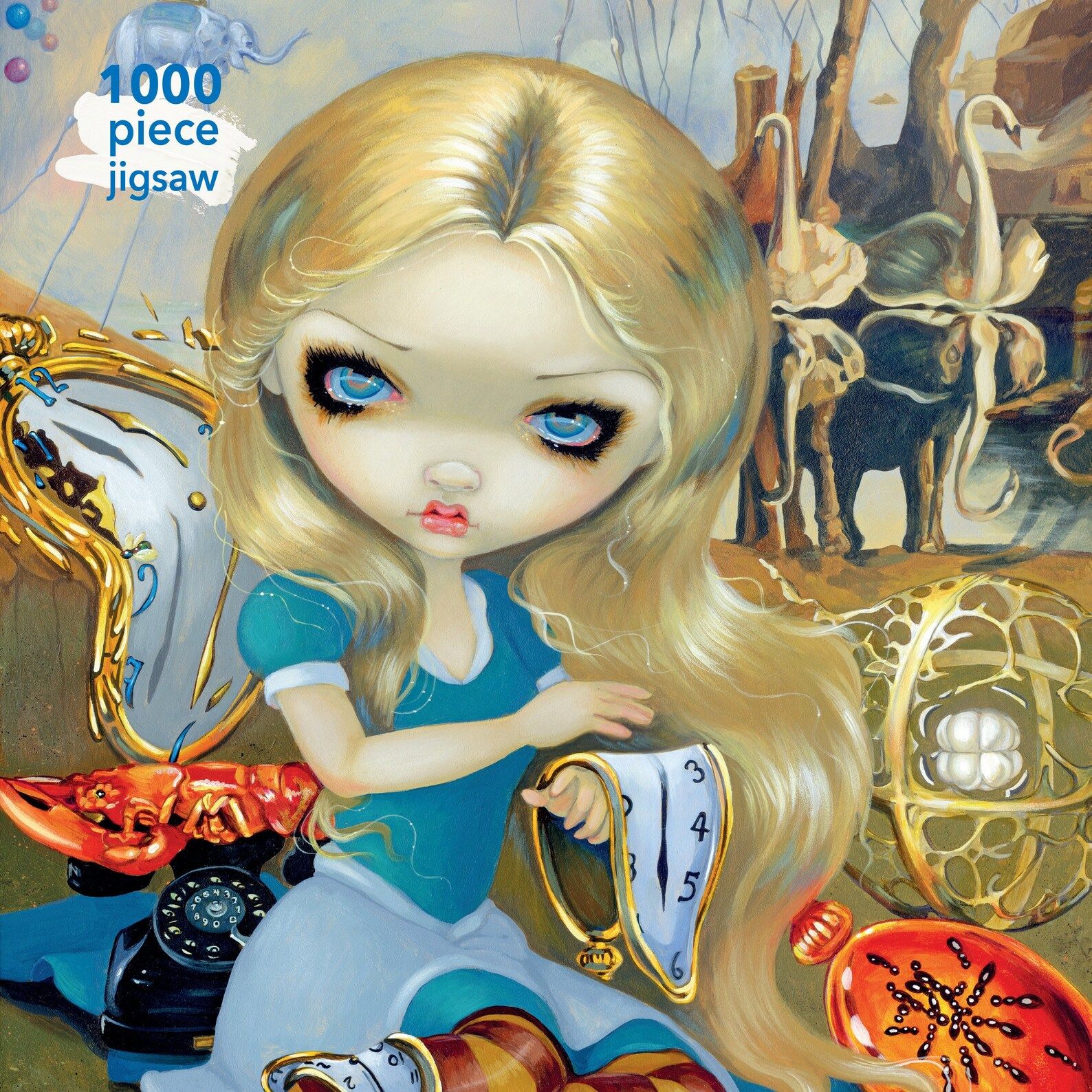 puzzle features a version of Alice holding a melting clock in the style of Salvador Dali