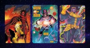 collage of three comics panels featuring three Avengers villains: Mephisto, Galactus, and Thanos