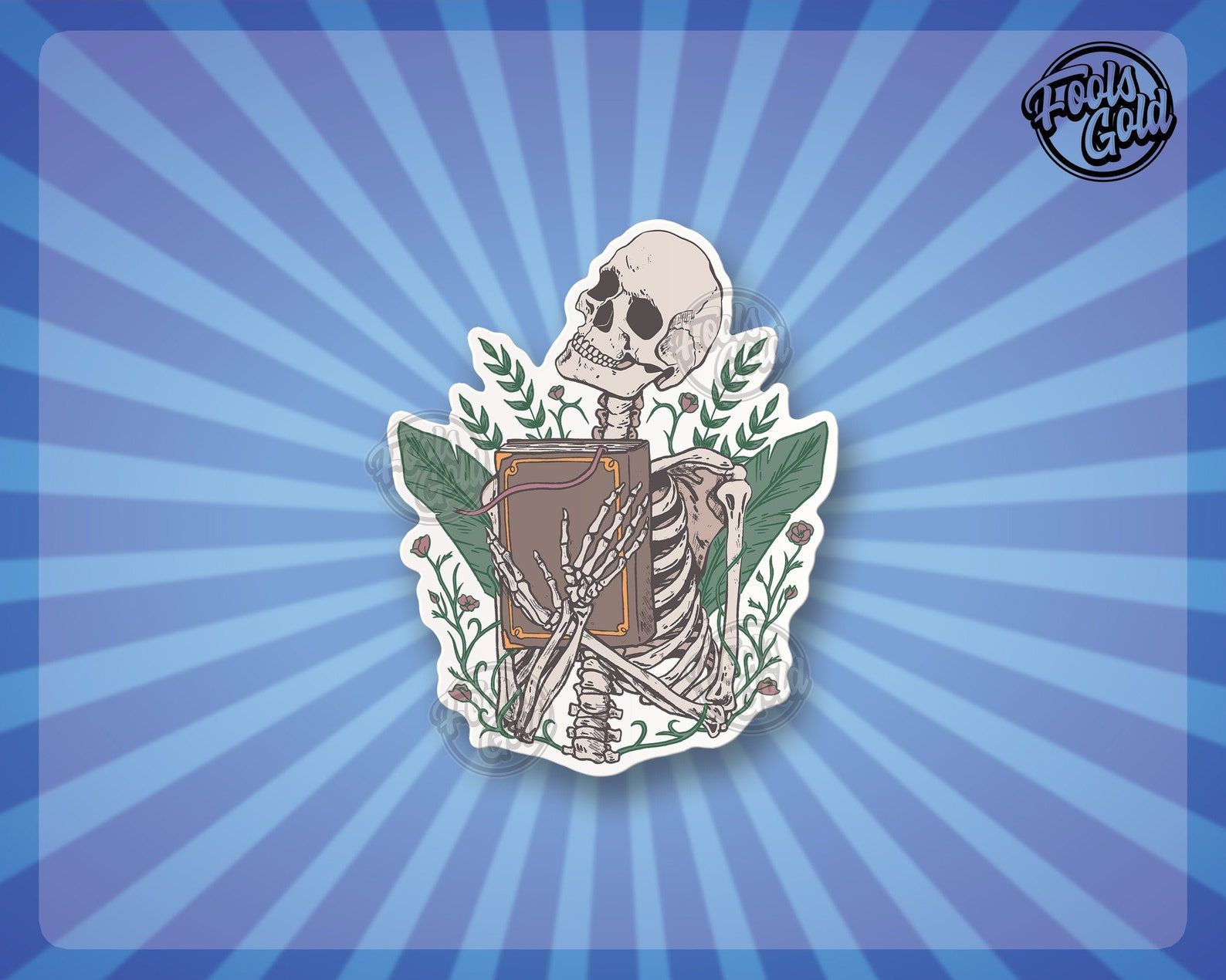 A sticker of a smoking skeleton clasping a large leather-bound book to its check against a background of flowers.