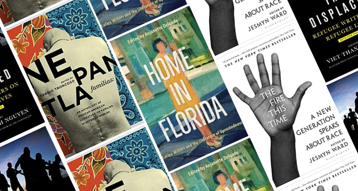 A collage of the covers of The Fire This Time, Nepantla Familias, Banthology, and The Displaced