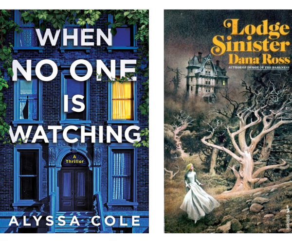 Side by side comparisons of the covers of When No One is Watching and Lodge Sinister, both of which have a single illuminated window.