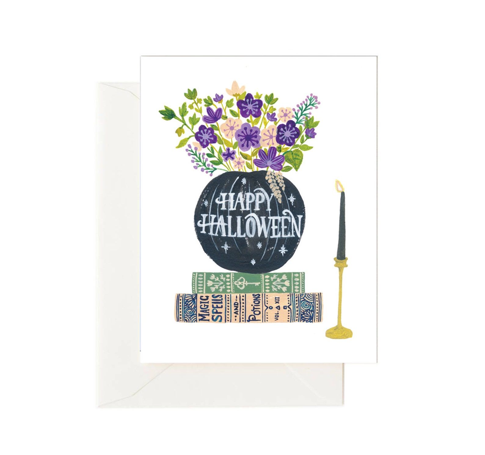 A card featuring a black pumpkin vase with green and purple flowers on a stack of books, with a black candle.