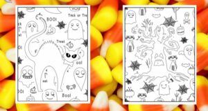 two blank Halloween coloring pages against a candy corn backdrop
