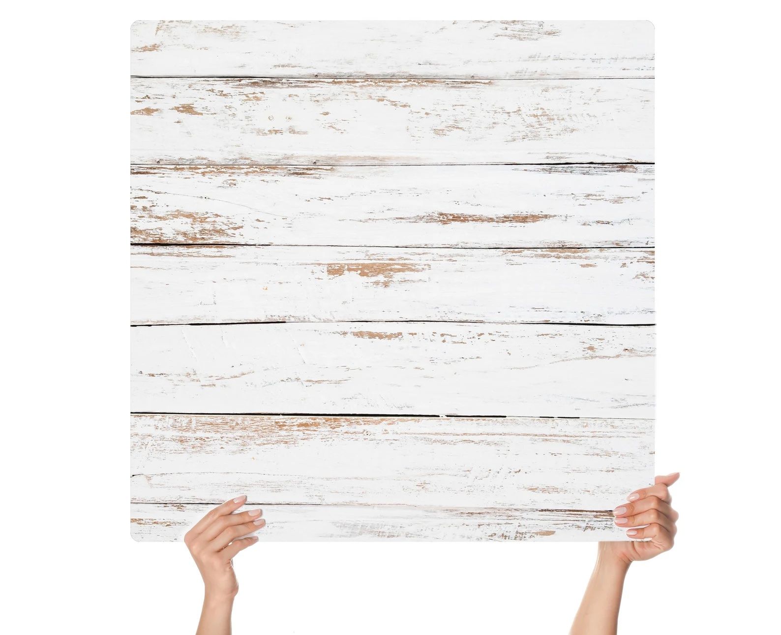 Aged white wood panel held up by two hands.
