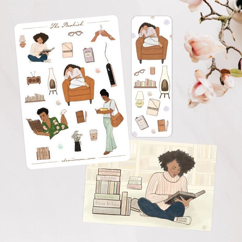 Stickers, book mark, and postcard featuring illustrated people reading