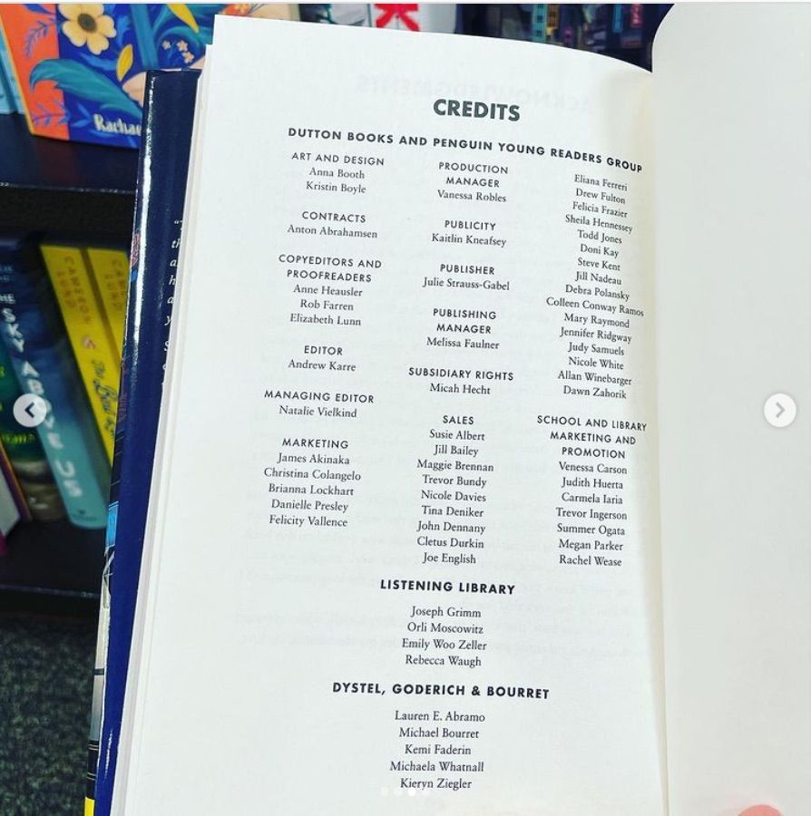 Image of the credits page, listing editors, marketing people, audiobook producers, agents, and more from the inside of Malinda Lo's Last Night At The Telegraph Club.