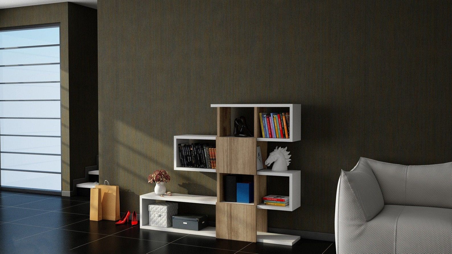 modern geometric bookcase in a living room with books and knick knacks in each cube.