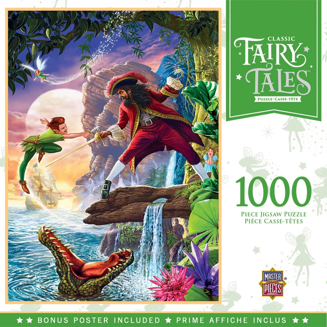 puzzle based on kid's book Peter Pan features Peter sword fighting Hook with the crocodile waiting below