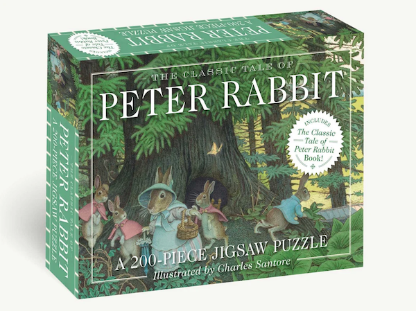 puzzle based on kid's book Peter Rabbit: photo on box is of a rabbit family but Peter is wandering away