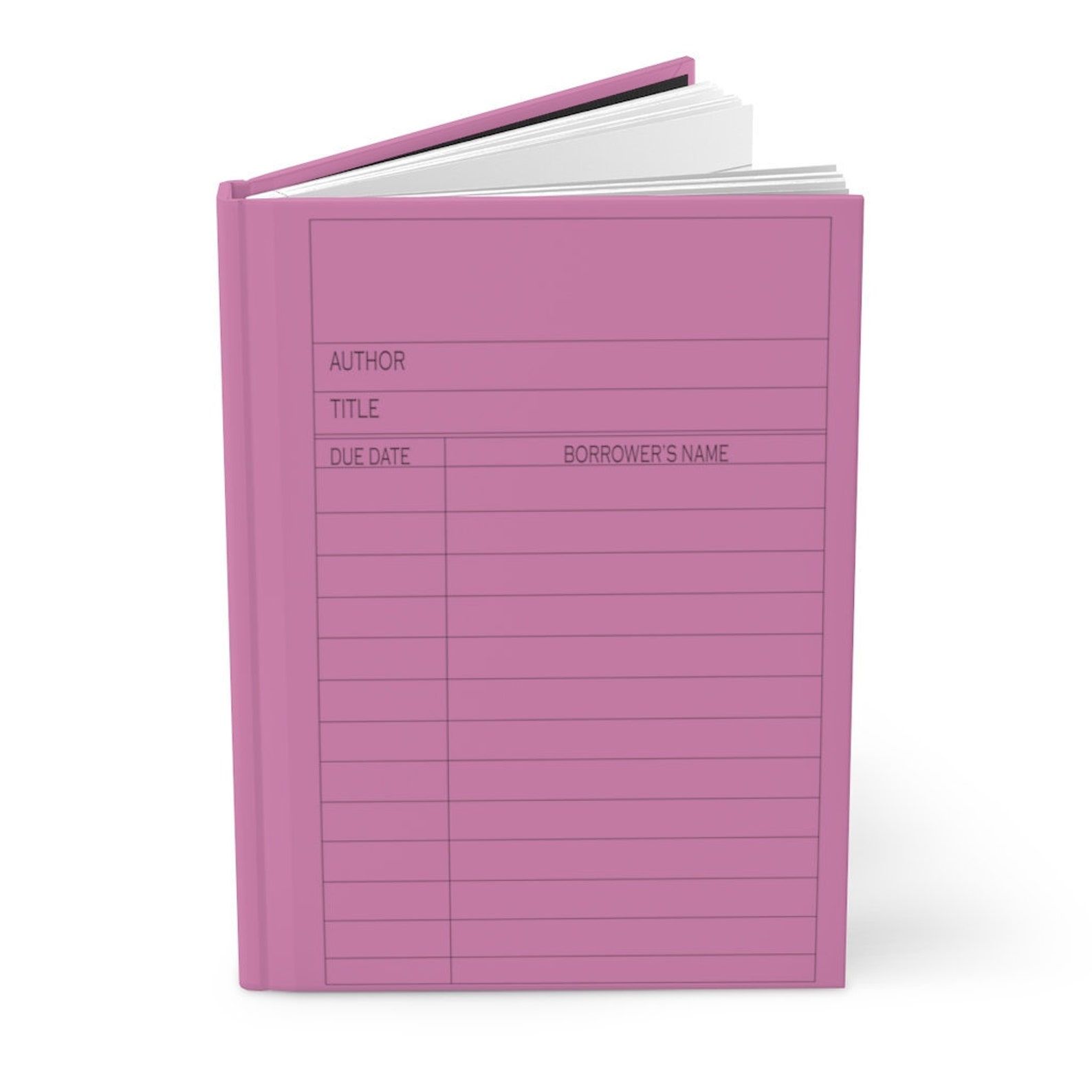 Pink notebook with a hard cover. The design of the cover is a library due date card. 