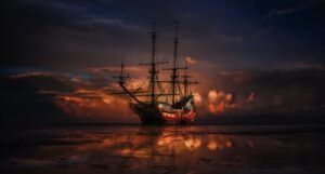 a pirate ship on the sea