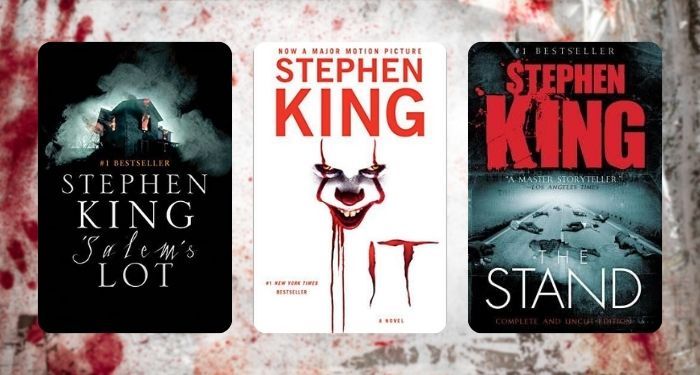 collage of three Stephen King novels: Salem's Lot; It; and The Stand
