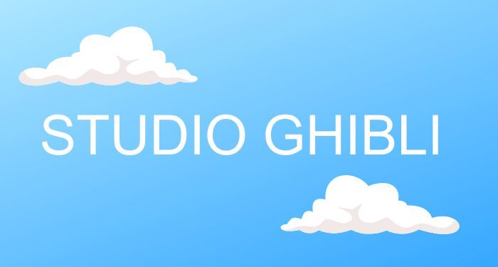 White text reading STUDIO GHIBLI over a blue sky background with cartoon clouds