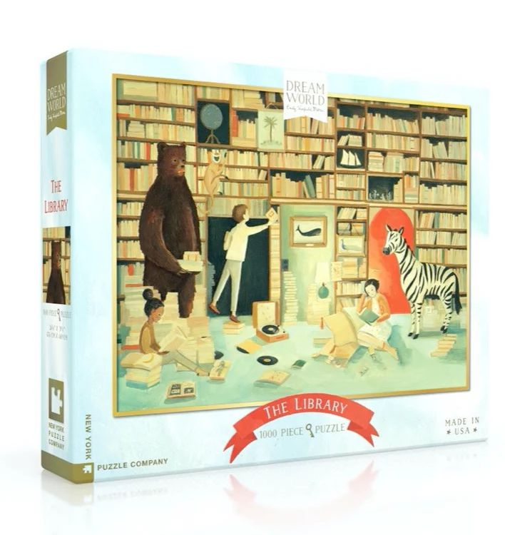puzzle featuring a library with kids reading and several animals present