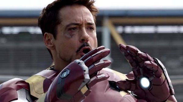 Screenshot of Robert Downey Jnr as Tony Stark/Iron Man yelling "Underoos!" in 'Civil War' (2016)