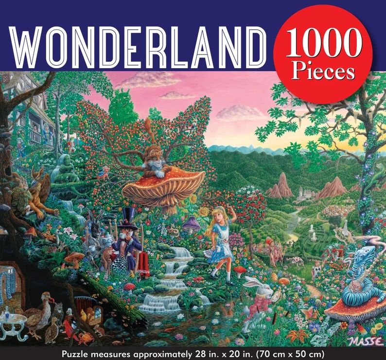 Image is an alice in wonderland themed puzzle featuring many characters in a whimsical forest