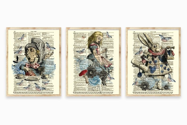 alice in wonderland vintage dictionary pages with illustrations