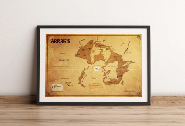 A map of the northern hemisphere of Arrakis from the Dune series. The map has rich tones of gold and fine detail about locations featured in the series, with the North Pole at the centre.