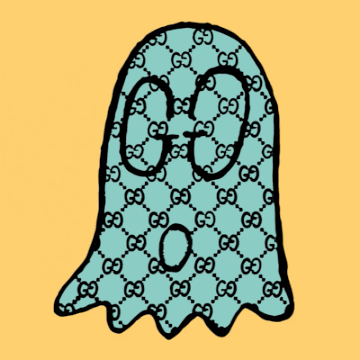 a dark teal ghost with the gucci logo laid on top of it, against a muted yellow background. The eyes of the ghost are the Gucci g's. It's pretty ugly.