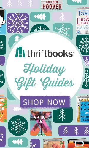 White circle with "Thriftbooks Holiday Gift Guides SHOP NOW" over a teal background with a pattern of book covers, snowflakes, and pine trees. 