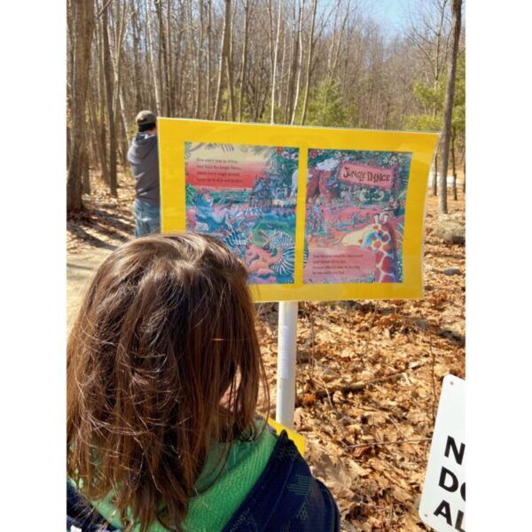 A child standing facing a StoryWalk image in a forest with colorful leavesrst