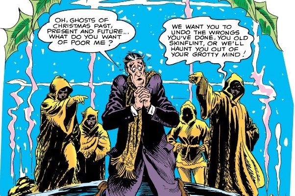 From Teen Titans #13. An old man, Scrounge, begs on his knees. Behind him, the Teen Titans, disguised in long cloaks, demand that he change his miserly ways.