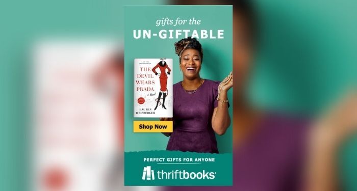 Green background with a woman in a purple shirt shrugging and laughing next to a book cover for The Devil Wears Prada. White text reads, "gifts for the UN-GIFTABLE. Perfect Gifts for Anyone. Thriftbooks."