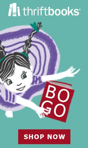 ThriftBooks logo on top of a teal background with a cartoon child holding a book that says "BOGO" on the cover. A red button reading "SHOP NOW" is at the bottom. 