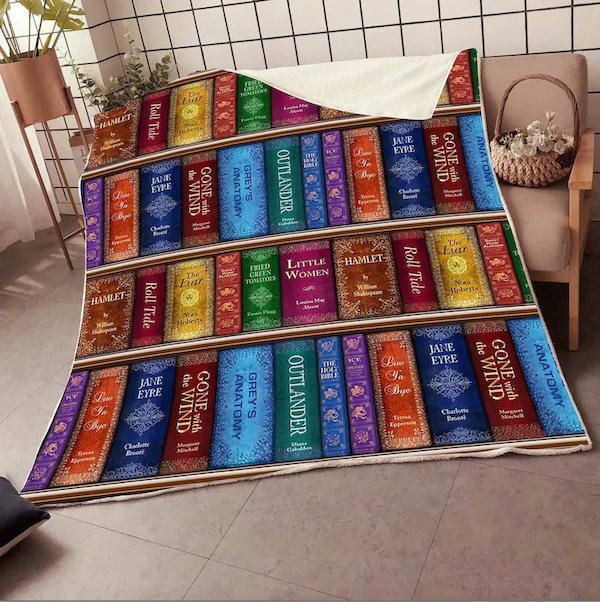 blanket designed as book shelves with spines of classic books in a variety of colors