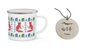 Image of a camping mug and a hygge time charm