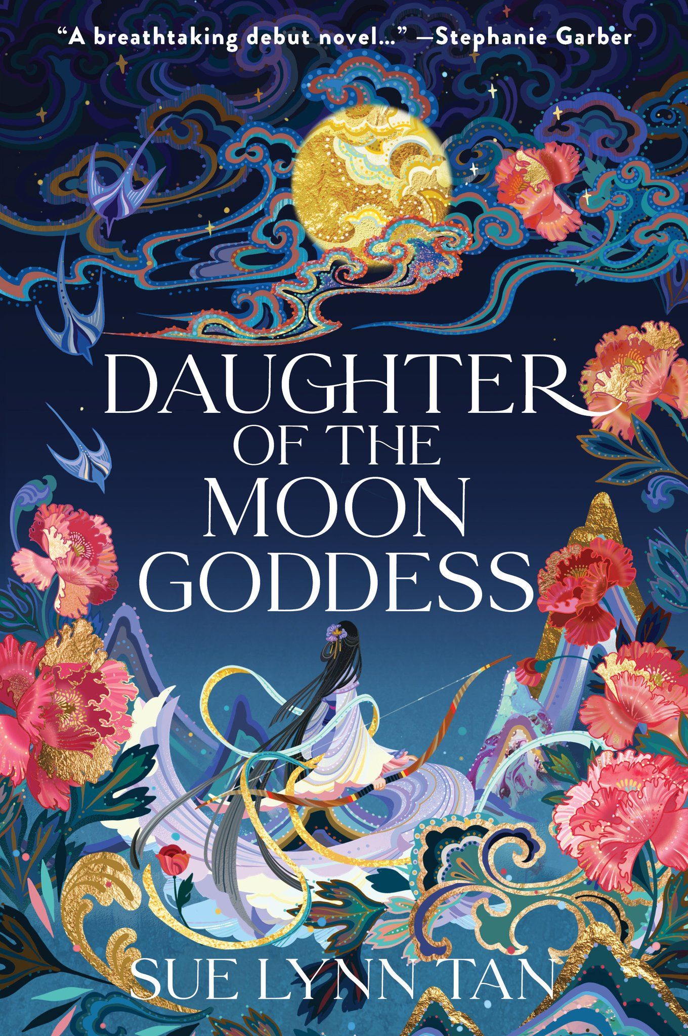 Daughter of the Moon Goddess Cover, dark blue background with colorful illustrations