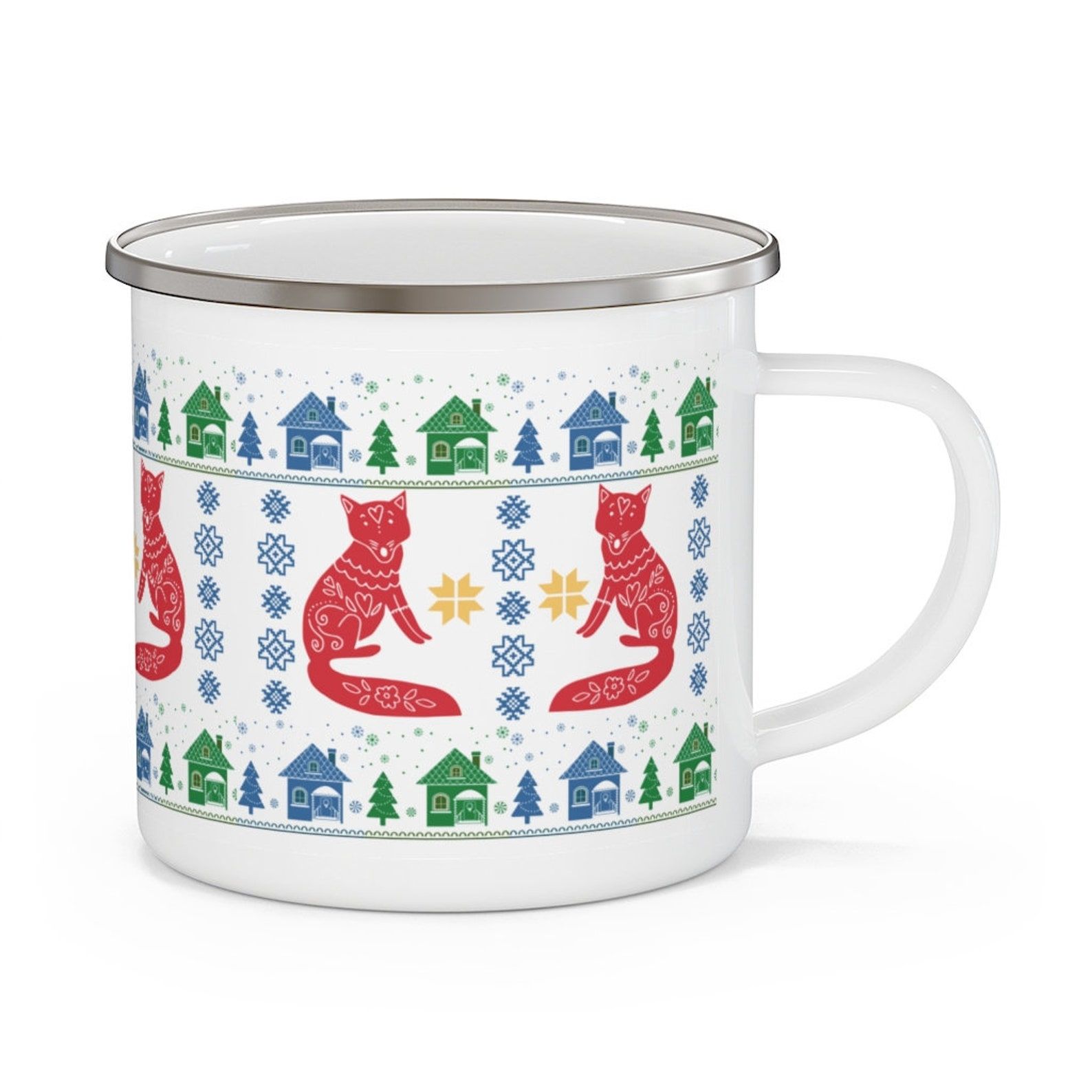 Image of a white camping style mug with a folksy fox print. 