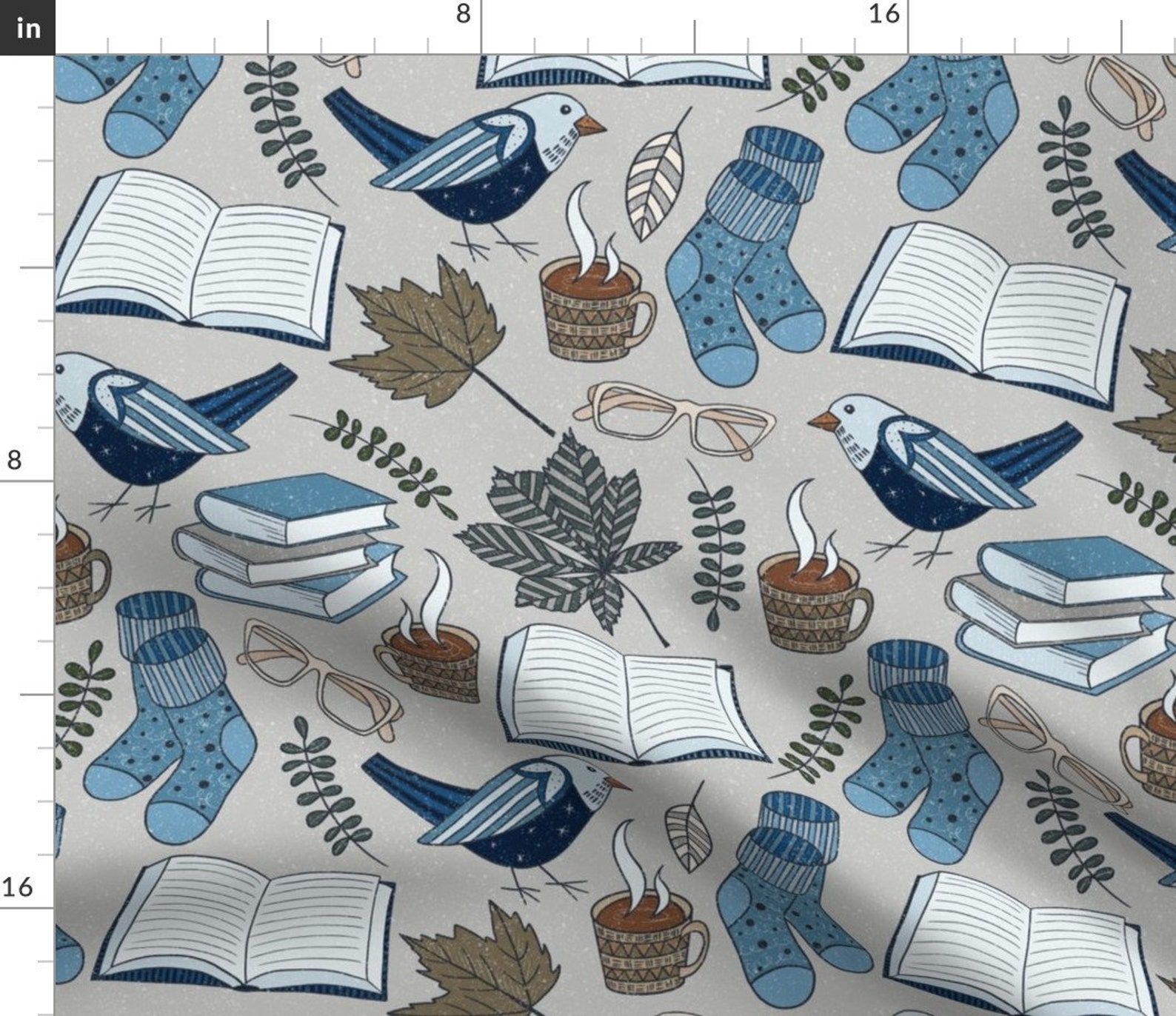 Image of fabric swatch. It's in creams and blues, featuring glasses, books, coffee, birds, and socks. 