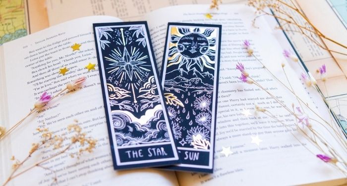 image of two gold foil tarot bookmarks