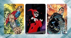collage of three Hewish comics characters' images: Al Rothstein, Harley Quinn, and Batman