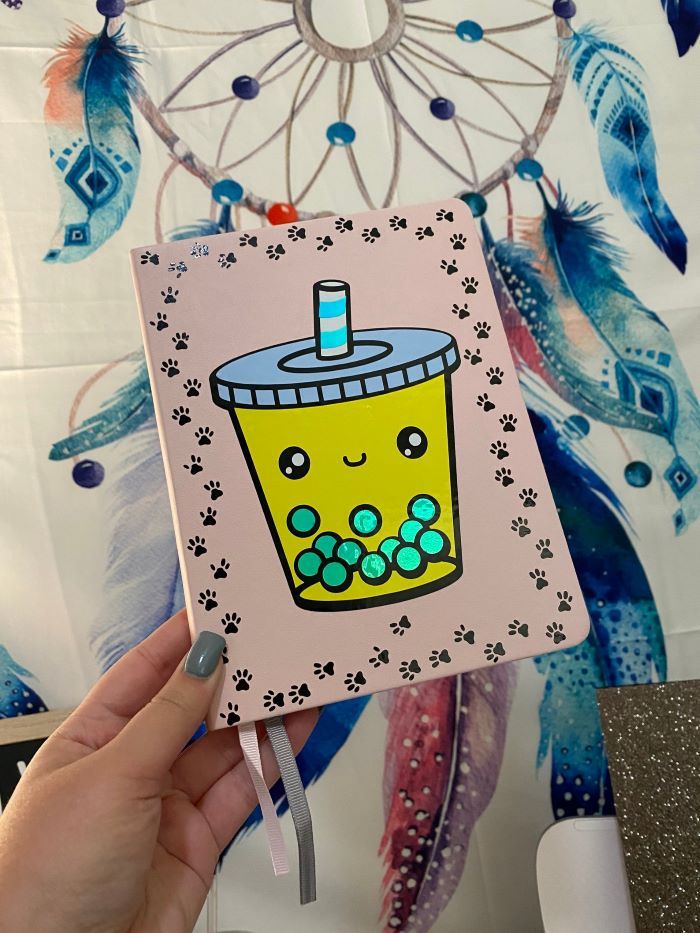 soft cover notebook with illustrated bubble tea cover