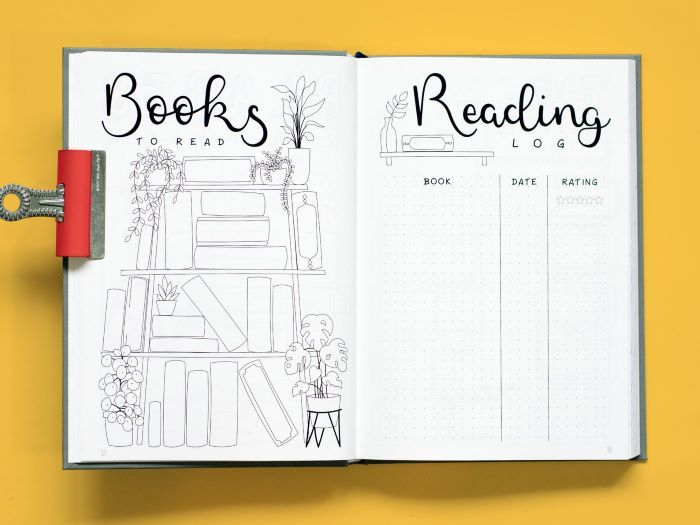 open notebook with bookcase illustration and reading log