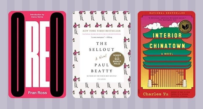 collage of three covers of satiric novels: Oreo; The Sellout; and Interior Chinatown