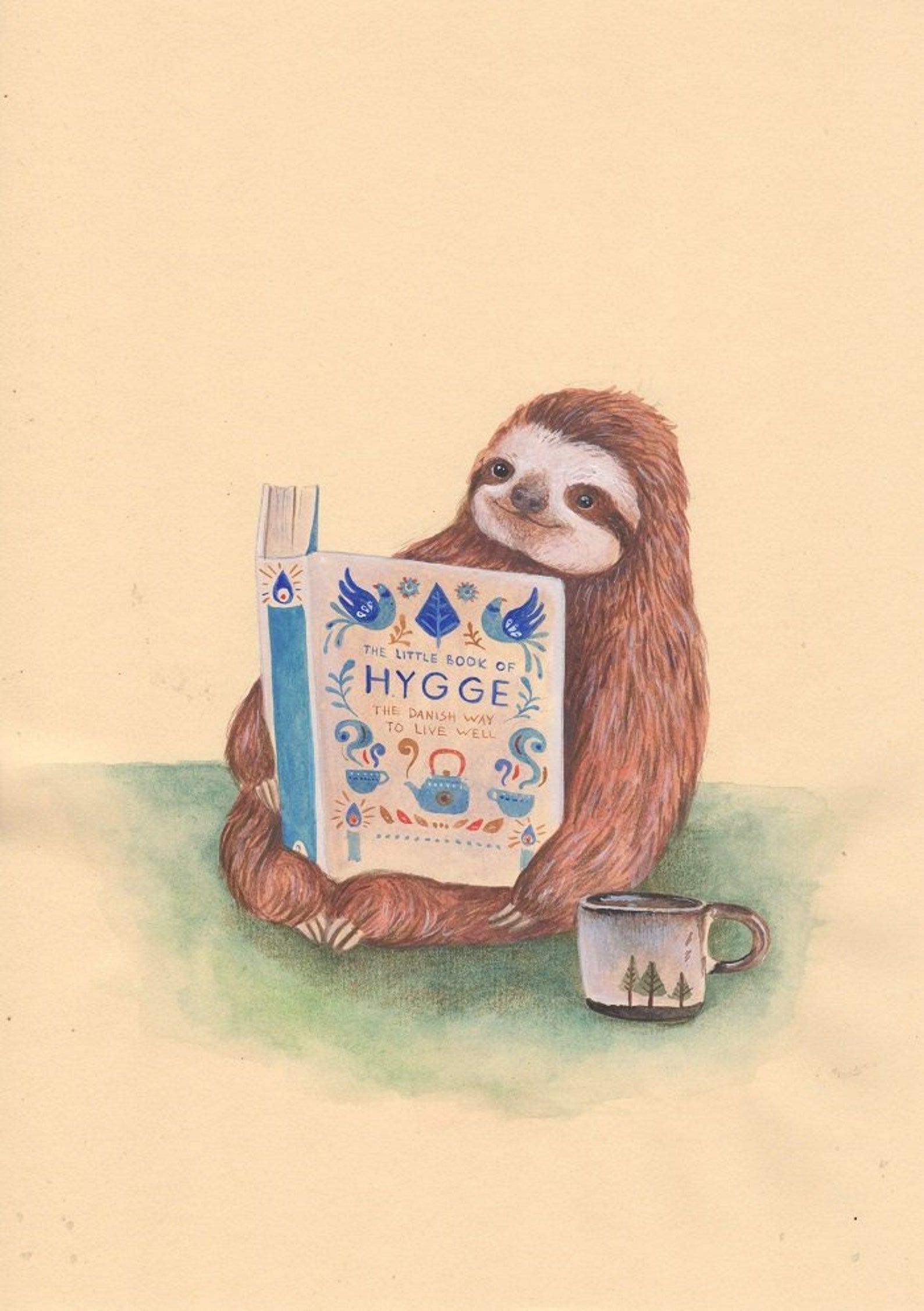 Image of a print that features a sloth with a mug and a book called "Hygge."