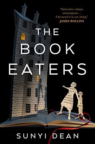The Book Eaters cover, a mother and child cut out in pages of a book in front of a house