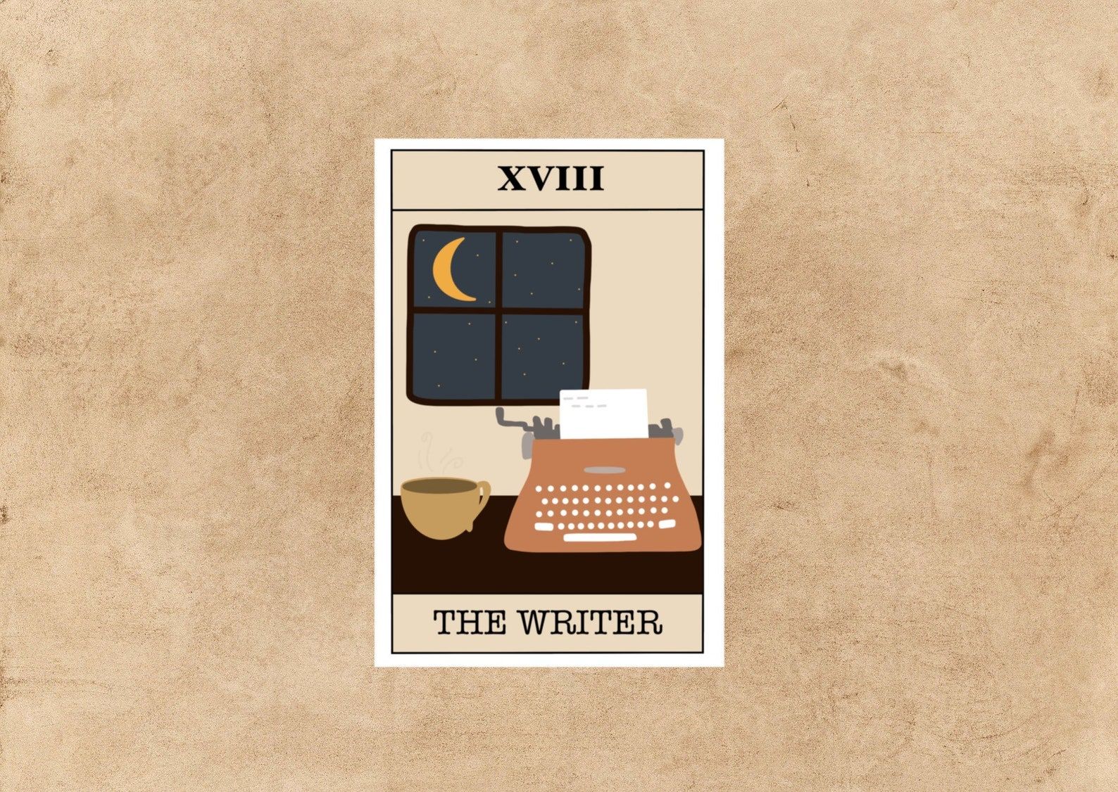 Image of a ecru colored sticker on a light brown background. The sticker is for "The Writer" card, and it features a typewriter, cup of coffee, and a half moon outside the adjacent window. 
