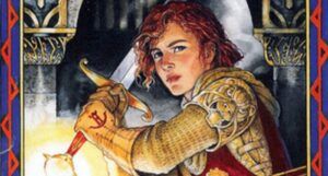 a cropped cover of a Song of the Lioness book showing Alanna wielding a sword