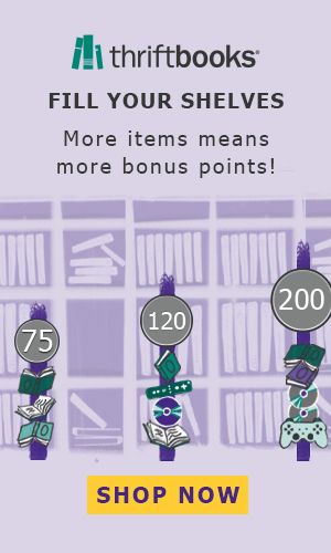 Black text reading “Thriftbooks FILL YOUR SHELVES. More items means more bonus points!” on a lavender background with illustrated bookshelves. Below the text are three progressively taller stacks of books, games, and dvds. Above each stack is a gray bubble: “75” over the smallest stack, “120” over the middle stack, and “200” over the largest stack. At the bottom of the image is a yellow “SHOP NOW” button. 