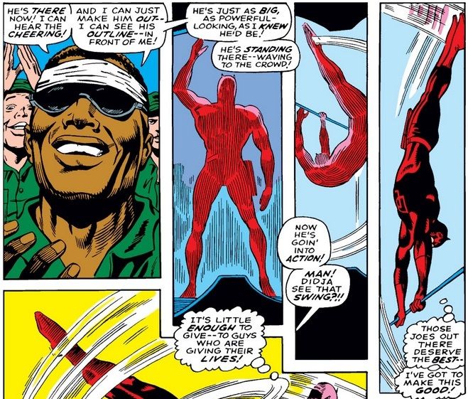 From Daredevil #47. Willie Lincoln, wearing dark glasses, can only see a general outline of Daredevil as he performs gymnastics.