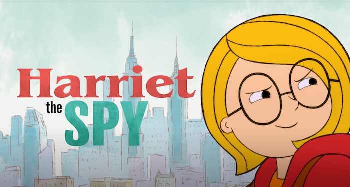 A cartoon of Harriet the spy, a blonde girl with glasses, against a New York City backdrop, with the text Harriet the Spy