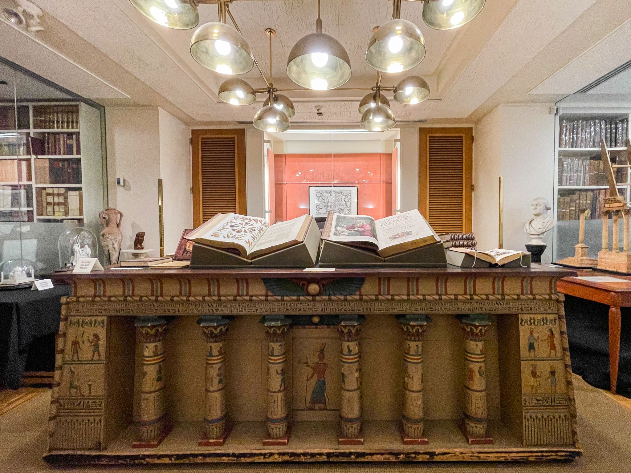 a photo of the Philbrick Rare Book Room, showing books open on pedastals