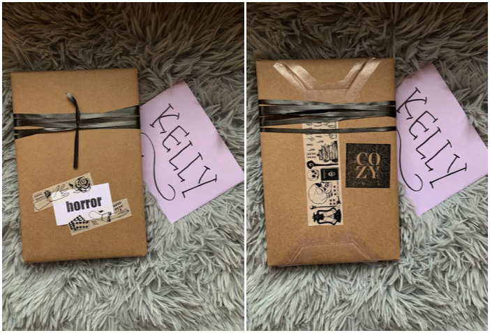 Two images. On the left is a book covered in brown paper, with a black ribbon. It has the word "horror" taped on it. There's an envelop beside the book which reads "Kelly." Image on the right is the same image, but it's the back side of the wrapped book, which features a spooky stamp. 