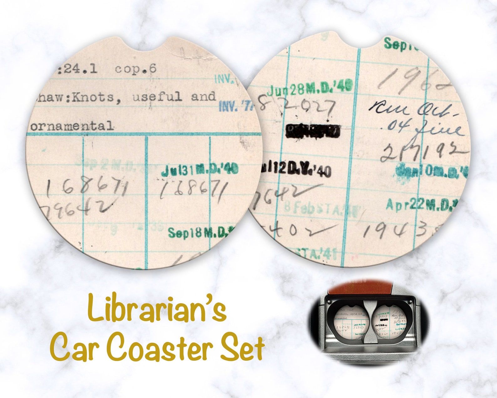 Two small coasters for a car. Both have an image of a library due date stamp. 