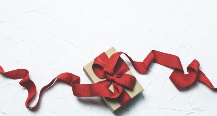 image of a brown package with a red ribbon on a white background