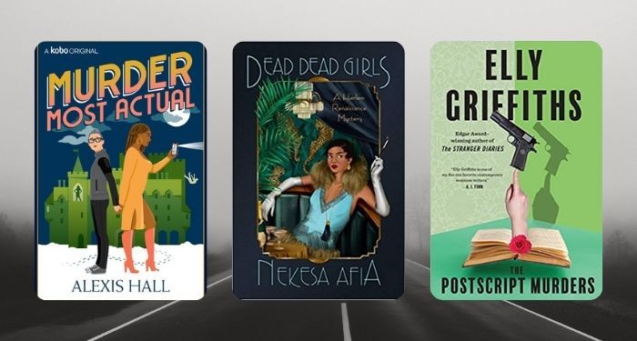 collage of three book covers: Murder Most Actual; Dead, Dead Girl; and The Postscript Murders